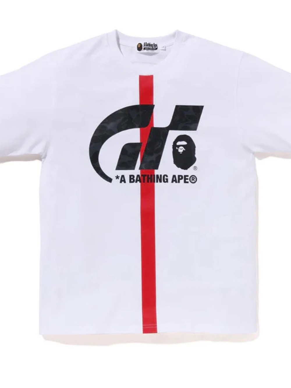 Bape White Tee with Black Logo and Red Stripe